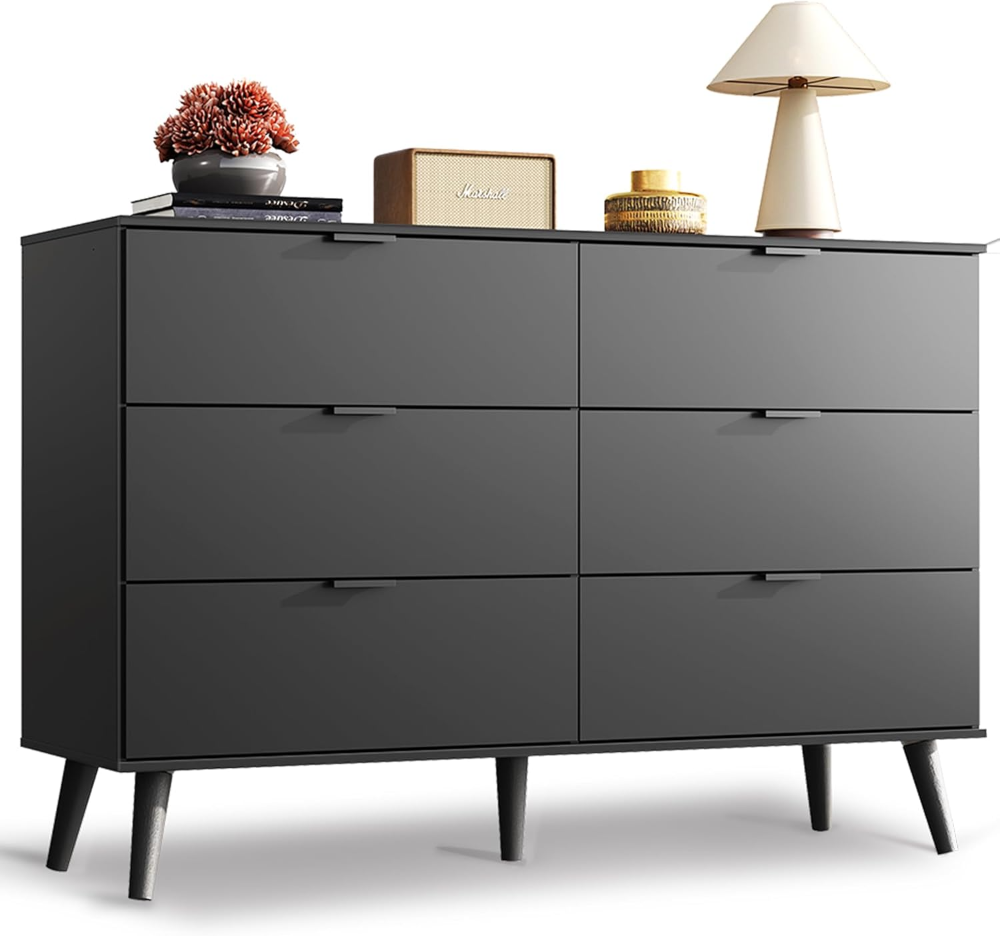 Cómoda negra para dormitorio, 47.24 pulgadas de ancho, 6 cajones de madera, organizador de almacenamiento con mango de metal resistente, soporte de TV