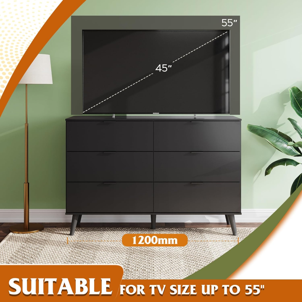 Cómoda negra para dormitorio, 47.24 pulgadas de ancho, 6 cajones de madera, organizador de almacenamiento con mango de metal resistente, soporte de TV - Imagen 3