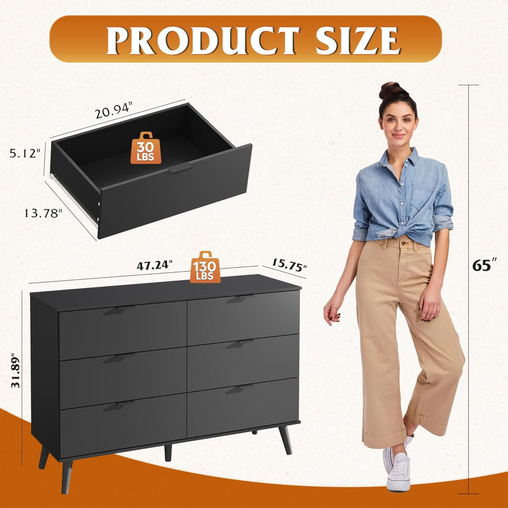 Cómoda negra para dormitorio, 47.24 pulgadas de ancho, 6 cajones de madera, organizador de almacenamiento con mango de metal resistente, soporte de TV - Imagen 4