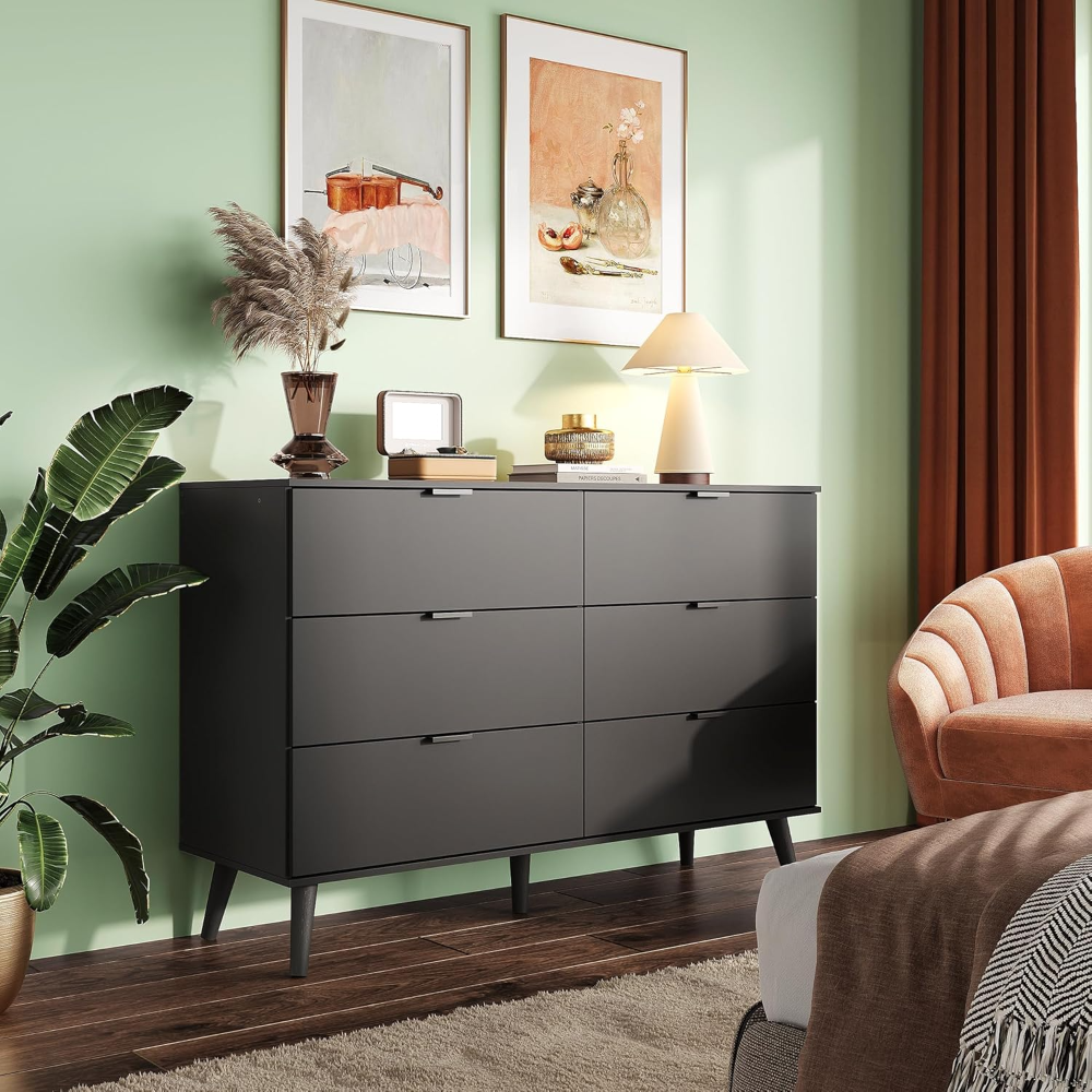 Cómoda negra para dormitorio, 47.24 pulgadas de ancho, 6 cajones de madera, organizador de almacenamiento con mango de metal resistente, soporte de TV - Imagen 5
