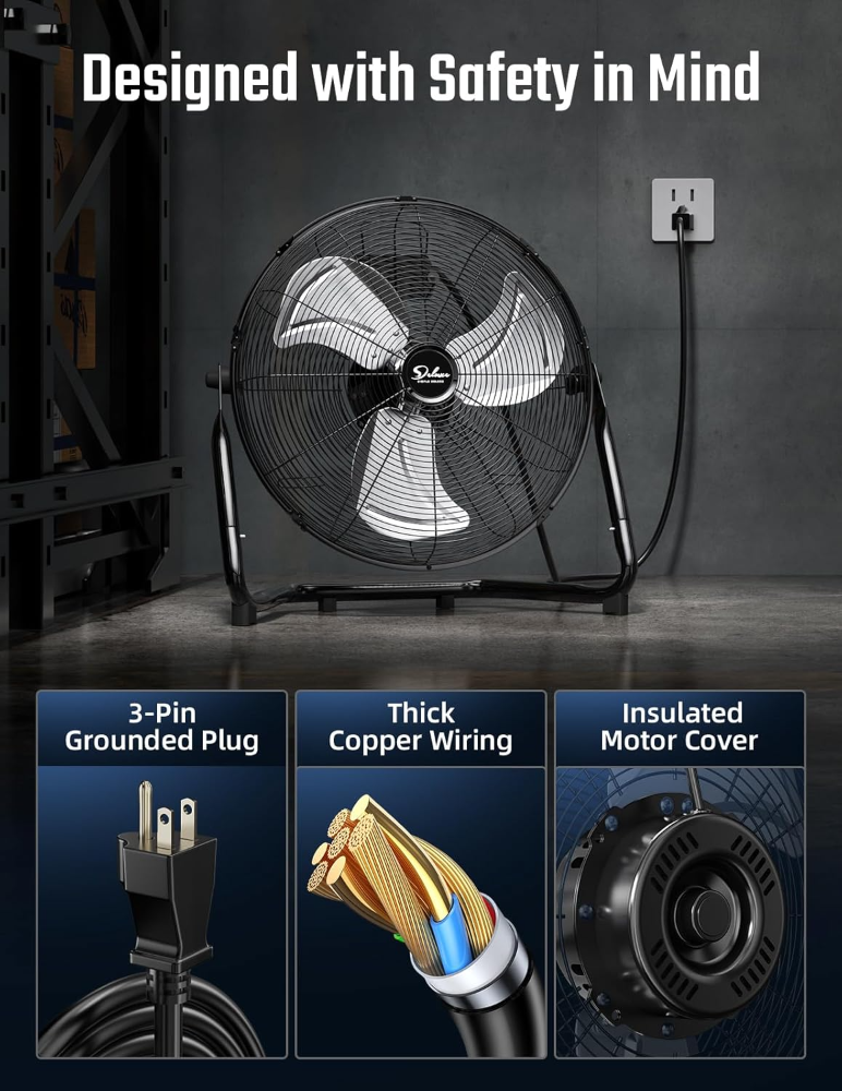 Ventilador de piso industrial de metal resistente de alta velocidad de 20 pulgadas / 50.8 cm, con 3 velocidades, oscilantes, silenciosos, para uso doméstico, comercial, residencial - Imagen 3