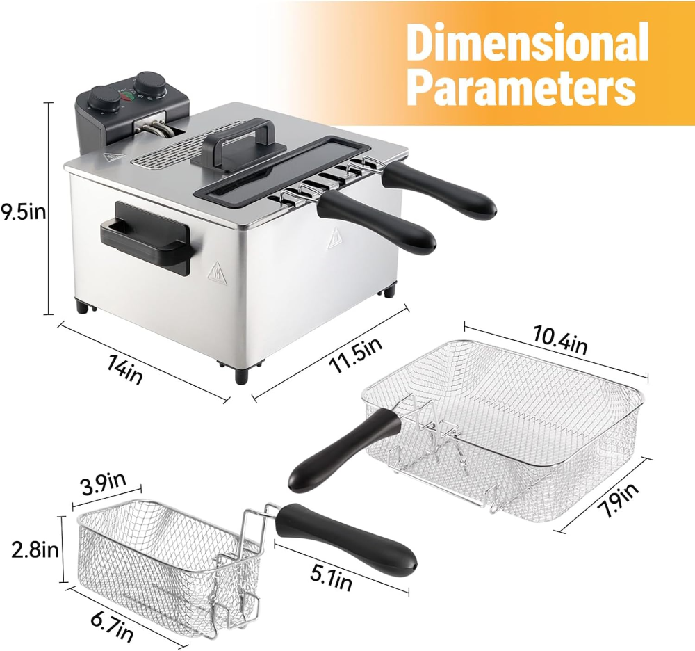 Freidora eléctrica de 3L/5L 1700W con canasta, temporizador y control de temperatura, acero inoxidable, apta para lavavajillas, tapa con ventana de visión y filtro de olores - Imagen 5