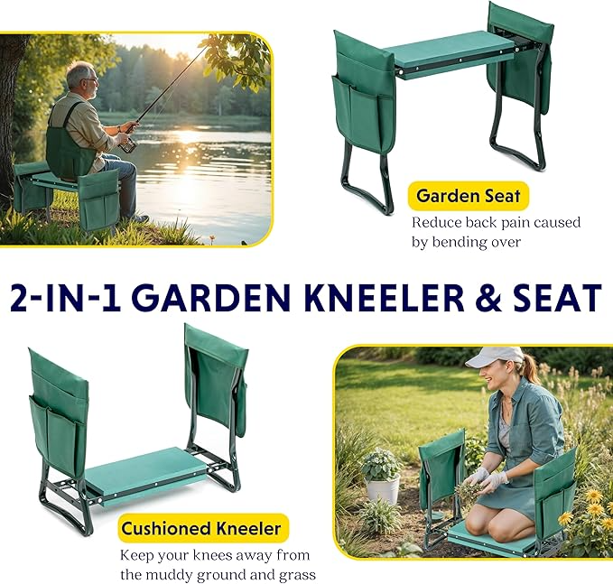 Banco de rodillas plegable para jardín y asiento con almohadilla de espuma EVA resistente y suave para exteriores, pesca, camping, 2 bolsas de herramientas