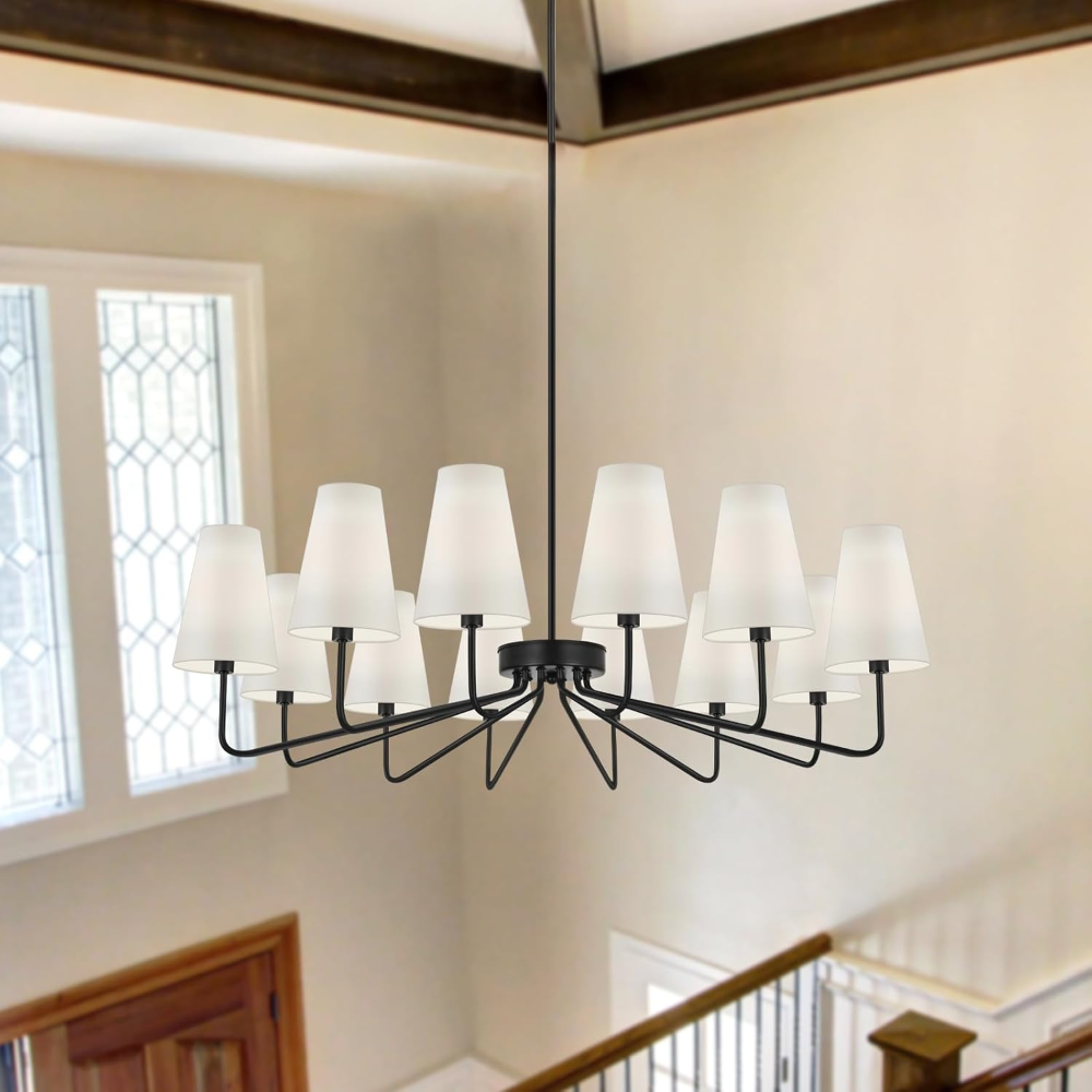 Peblto Candelabros clásicos negros con tela brillante, lámpara colgante de granja de 12 luces, iluminación colgante de techo de 41.75 pulgadas para cocina, recámara, comedor, sala de estar, escalera