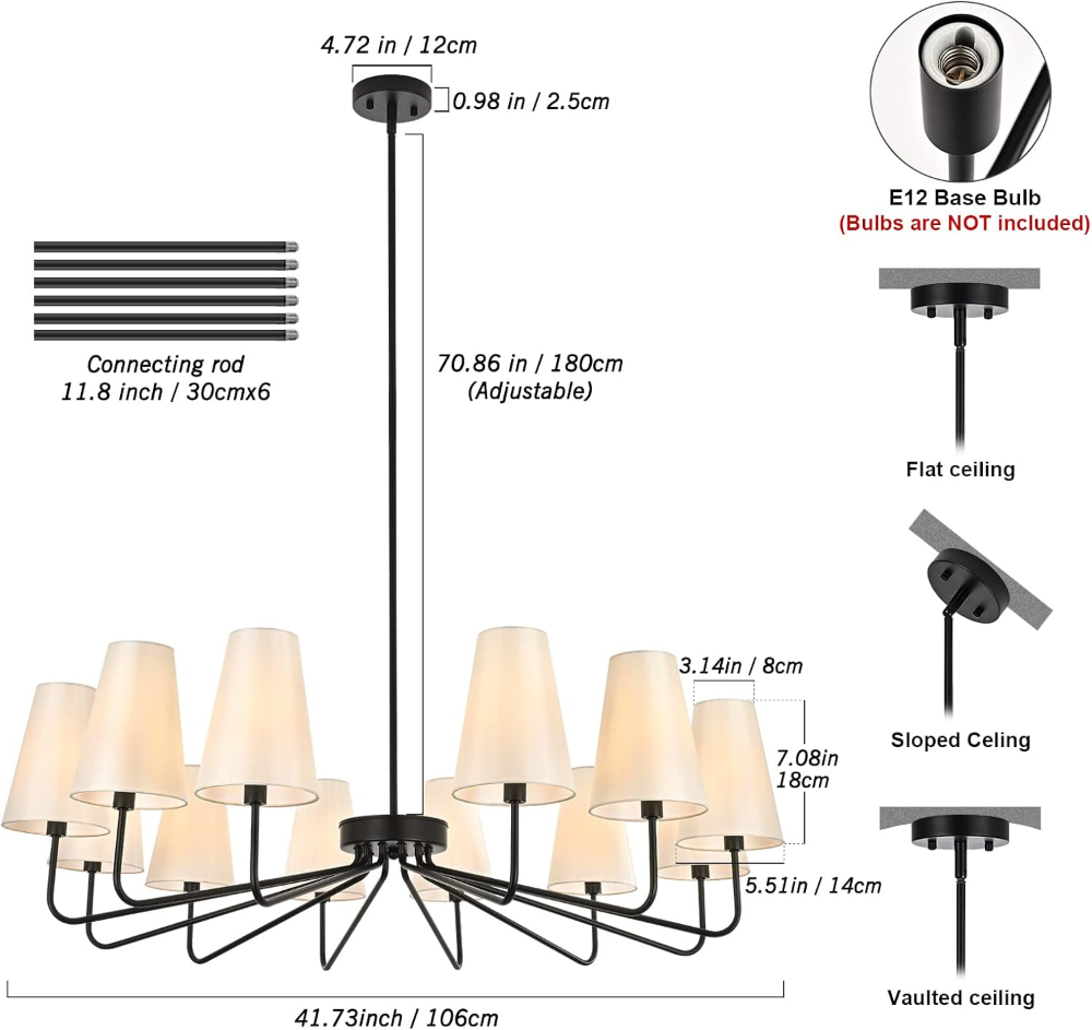 Peblto Candelabros clásicos negros con tela brillante, lámpara colgante de granja de 12 luces, iluminación colgante de techo de 41.75 pulgadas para cocina, recámara, comedor, sala de estar, escalera - Imagen 2