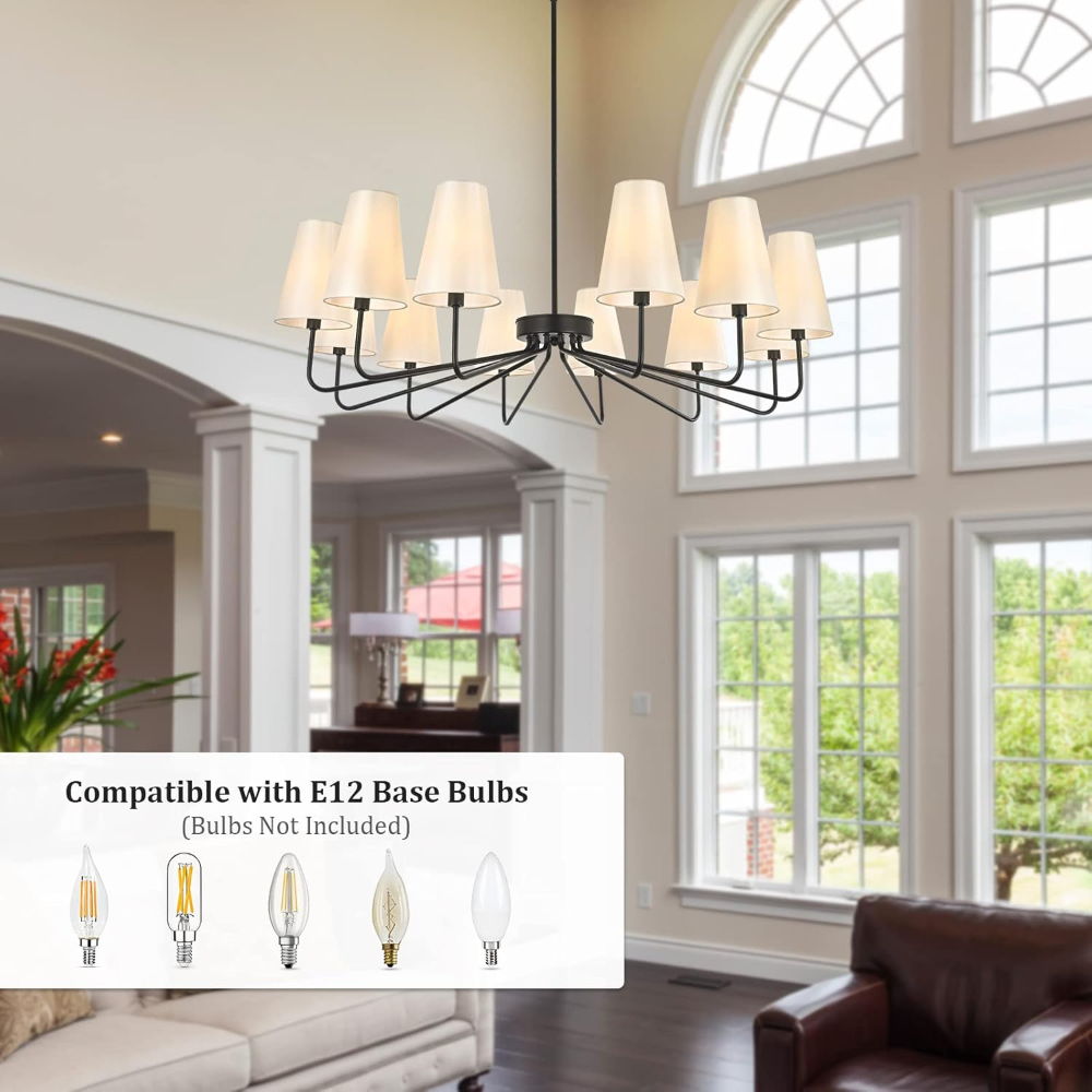 Peblto Candelabros clásicos negros con tela brillante, lámpara colgante de granja de 12 luces, iluminación colgante de techo de 41.75 pulgadas para cocina, recámara, comedor, sala de estar, escalera - Imagen 3