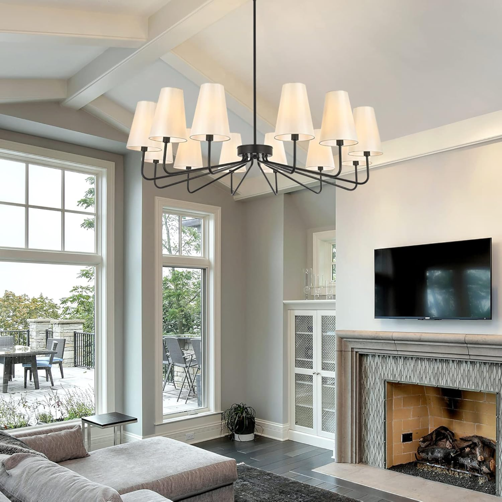 Peblto Candelabros clásicos negros con tela brillante, lámpara colgante de granja de 12 luces, iluminación colgante de techo de 41.75 pulgadas para cocina, recámara, comedor, sala de estar, escalera - Imagen 5