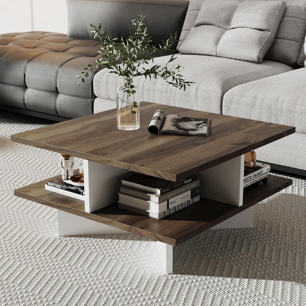 Mesa de centro de granja con almacenamiento, mesa cuadrada de 2 niveles con 4 compartimentos de almacenamiento y base en forma de cruz, modernas, mesas de té para sala de estar