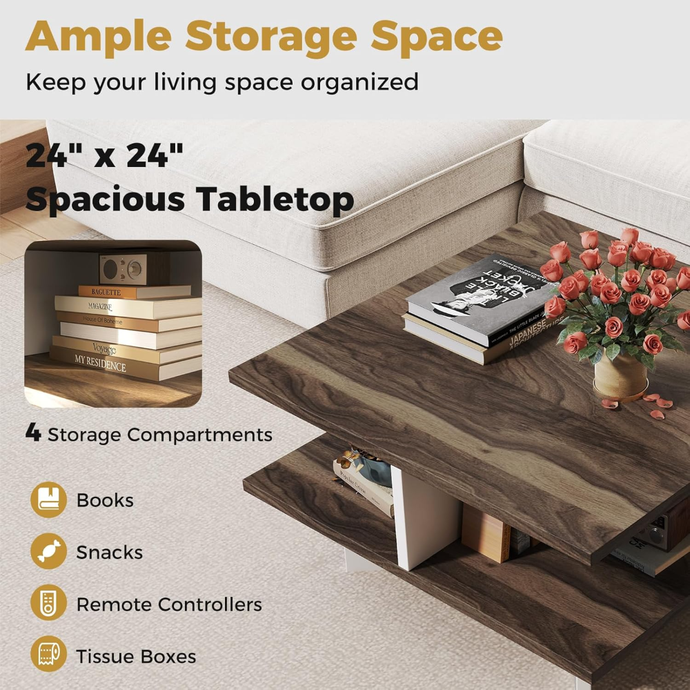 Mesa de centro de granja con almacenamiento, mesa cuadrada de 2 niveles con 4 compartimentos de almacenamiento y base en forma de cruz, modernas, mesas de té para sala de estar - Imagen 2