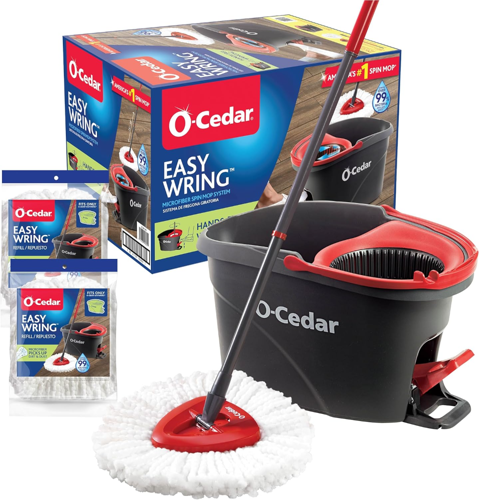 O-Cedar. Sistema de limpieza de suelos con balde y fregona giratoria de microfibra, solo 2 felpas para limpiar, rojo/gris