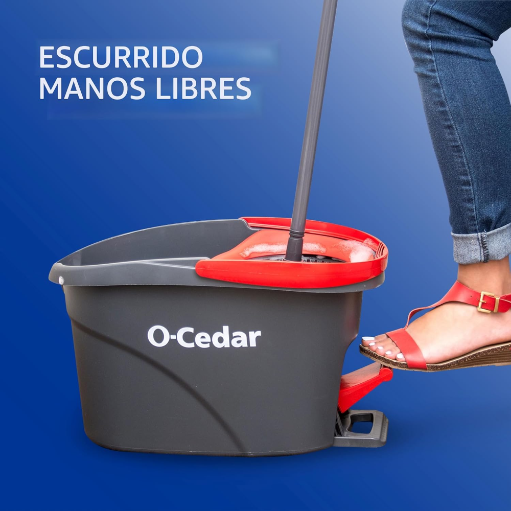 O-Cedar. Sistema de limpieza de suelos con balde y fregona giratoria de microfibra, solo 2 felpas para limpiar, rojo/gris - Imagen 5
