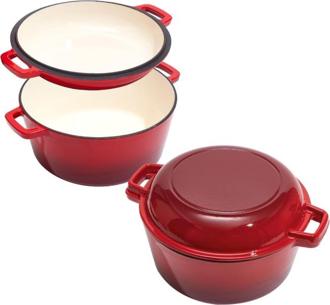 Olla de horno holandés de hierro fundido esmaltado 2 en 1, 5.67 Lts. con tapa de 1.89 Lts, asas dobles grandes, apta para horno hasta 500 °F, olla redonda clásica para cocinar versátil, color rojo - Imagen 3
