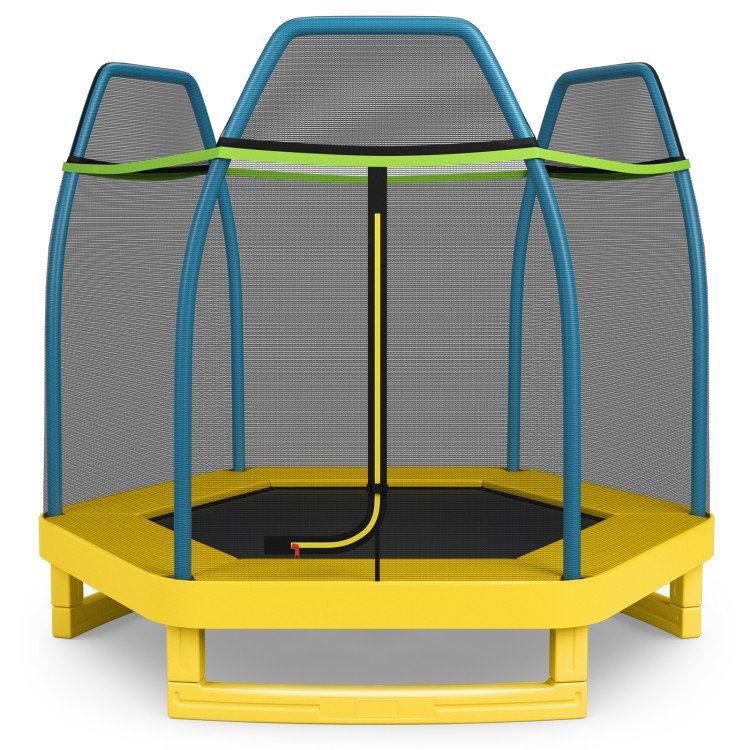 Trampolín recreativo para niños de 7 pies con cerramiento, excelente rebote y durabilidad, red de protección transpirable, de alta densidad, amplia entrada, estructura de acero robusta y resistente.