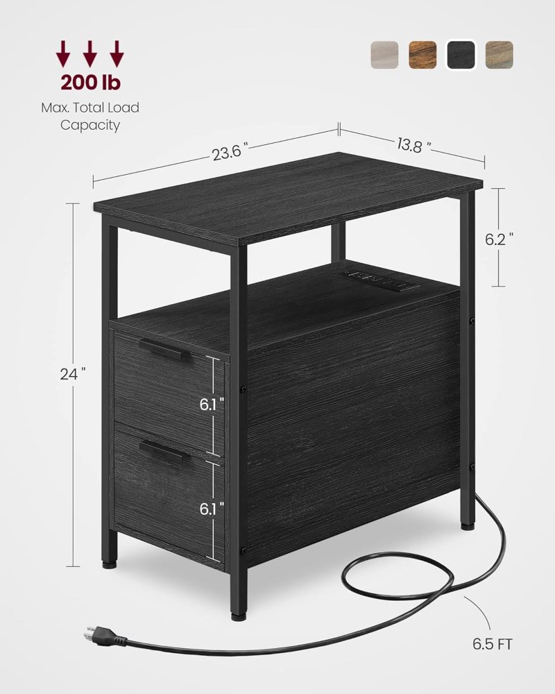 VASAGLE Mesa auxiliar ULET321B22 con estación de carga, 2 cajones y estante, diseño compacto en gris carbón y negro, ideal como mesita de noche para espacios pequeños. - Imagen 4