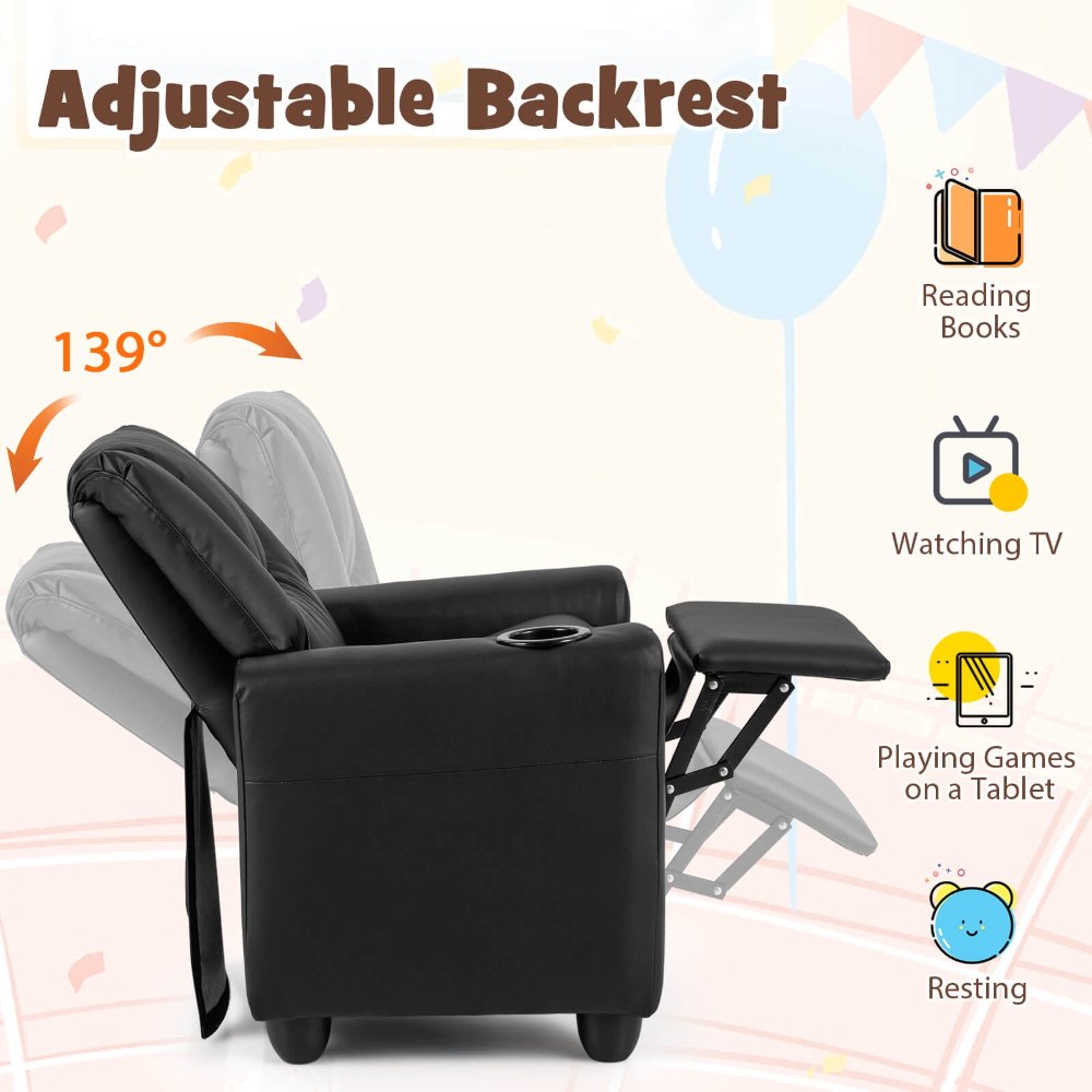 Costway Sillón reclinable para niños con reposapiés, portavasos y bolsillo lateral. Respaldo ajustable, asiento acolchado y diseño cómodo ideal para ver TV, leer o descansar. - Imagen 2