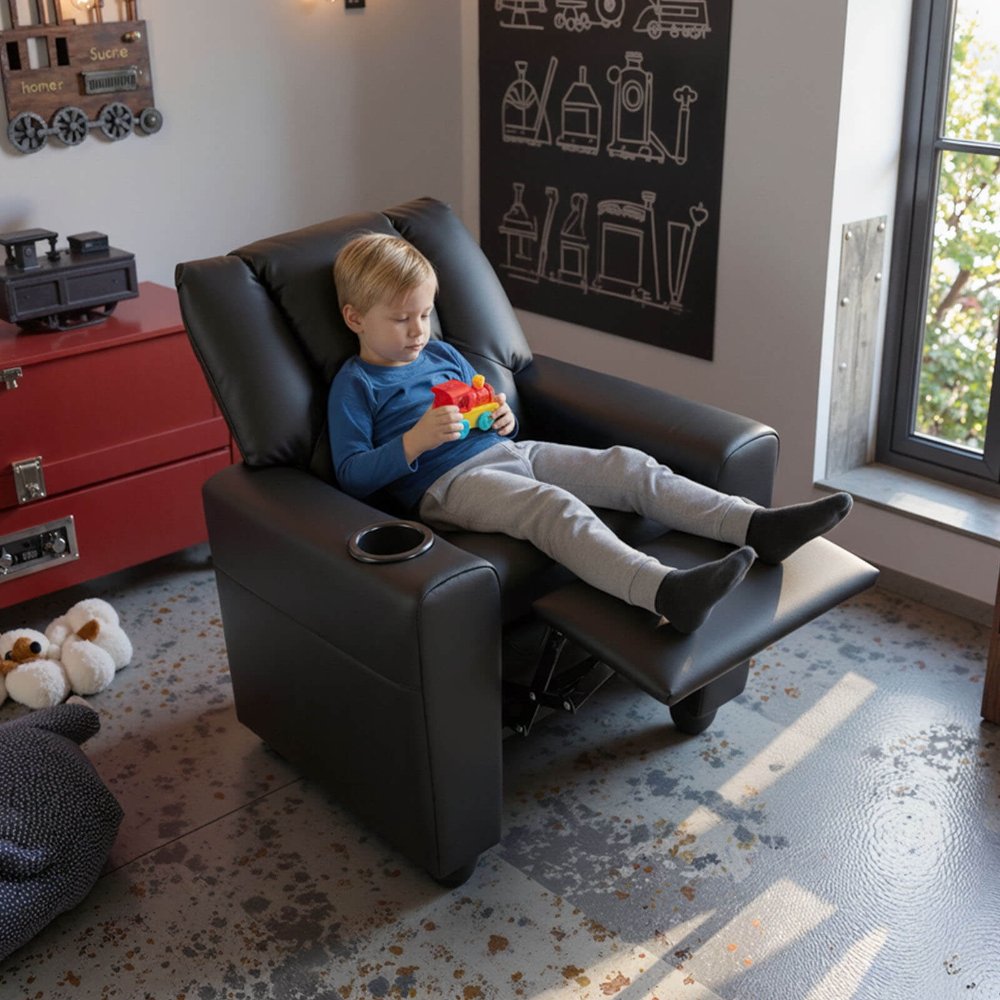Costway Sillón reclinable para niños con reposapiés, portavasos y bolsillo lateral. Respaldo ajustable, asiento acolchado y diseño cómodo ideal para ver TV, leer o descansar. - Imagen 3