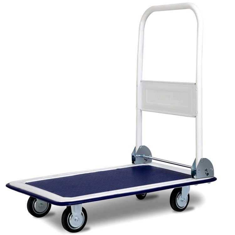 Costway Carro plataforma plegable 330 lb, base resistente con ruedas giratorias y mango abatible. Ideal para mover cajas, mercadería o cargas pesadas en bodega u hogar.