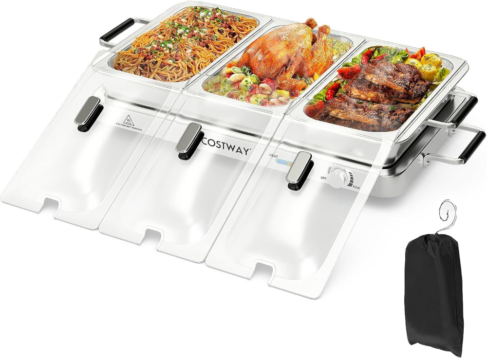 Servidores y calentadores de buffet, bandeja de calentamiento eléctrica 2 en 1, plato de acero inoxidable de 450 W con control de temperatura, 3 bandejas para servir, estación de calentadores