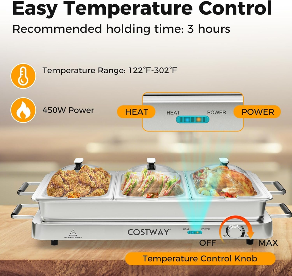 Servidores y calentadores de buffet, bandeja de calentamiento eléctrica 2 en 1, plato de acero inoxidable de 450 W con control de temperatura, 3 bandejas para servir, estación de calentadores - Imagen 2