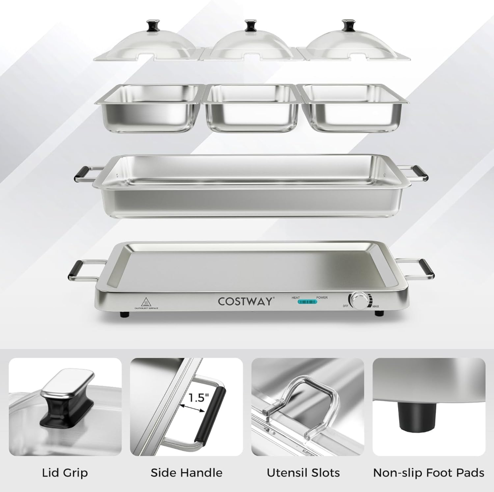Servidores y calentadores de buffet, bandeja de calentamiento eléctrica 2 en 1, plato de acero inoxidable de 450 W con control de temperatura, 3 bandejas para servir, estación de calentadores - Imagen 5