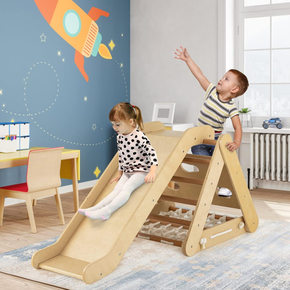Juguete de escalada 4 en 1 para niños pequeños, trepador de triángulo de madera Montessori de 3 lados con rampa deslizante, red de escalada y tabla, niños y niñas, para interiores - Imagen 6
