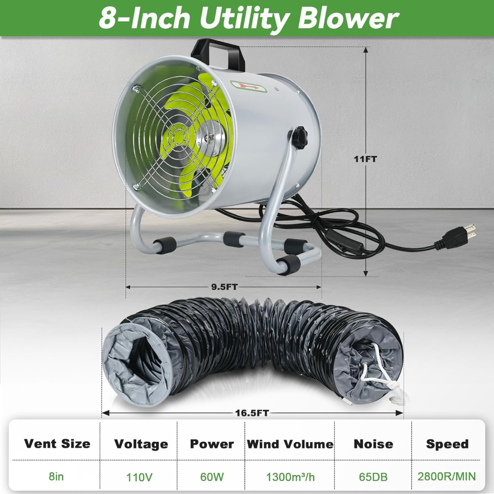 Soplador utilitario, para ventilación, de 8 plg., escape con manguera de conducto de 16.4 pies, alta velocidad de bajo ruido de 2800 RPM para soldadura industrial, cabinas de pintura, sótanos y almac - Imagen 4