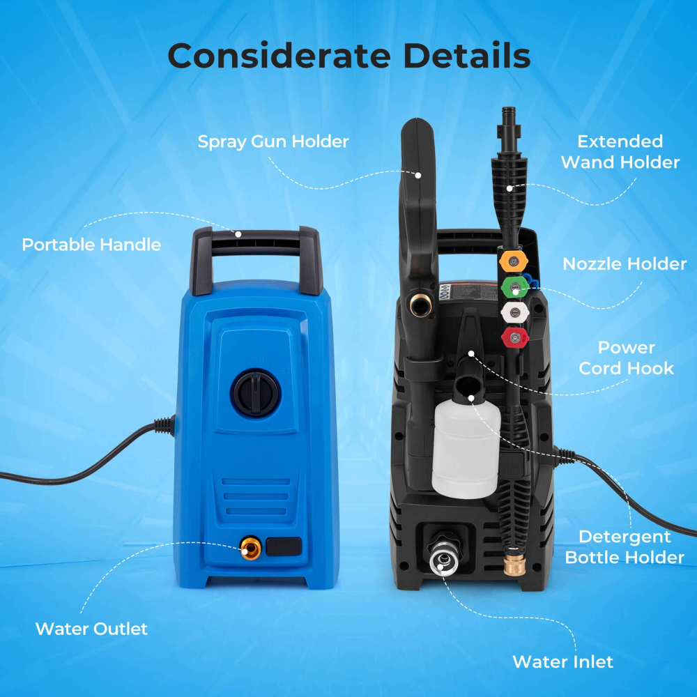 "Lavadora de Presión Eléctrica con Ruedas 5 Boquillas de Conexión Rápida Pistola Rociadora para Botella de Jabón. COLOR AZUL 1900 PSI" - Imagen 2