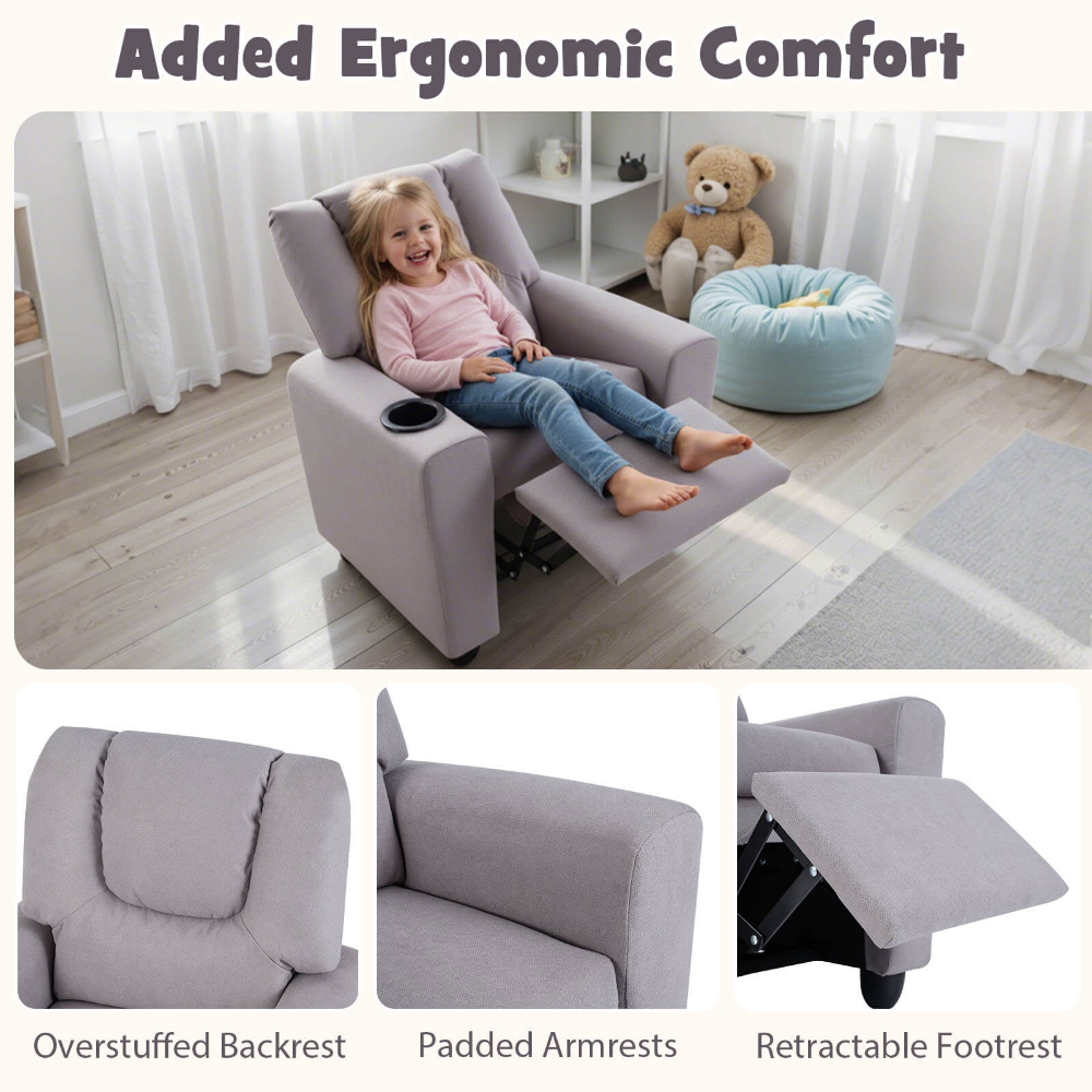 Sofá reclinable para Niños con Portavasos con Respaldo y Reposapiés Ajustables para Niños y Niñas Gris - Imagen 3