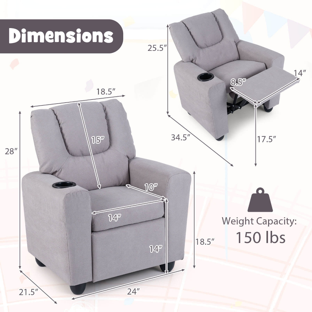 Sofá reclinable para Niños con Portavasos con Respaldo y Reposapiés Ajustables para Niños y Niñas Gris - Imagen 4