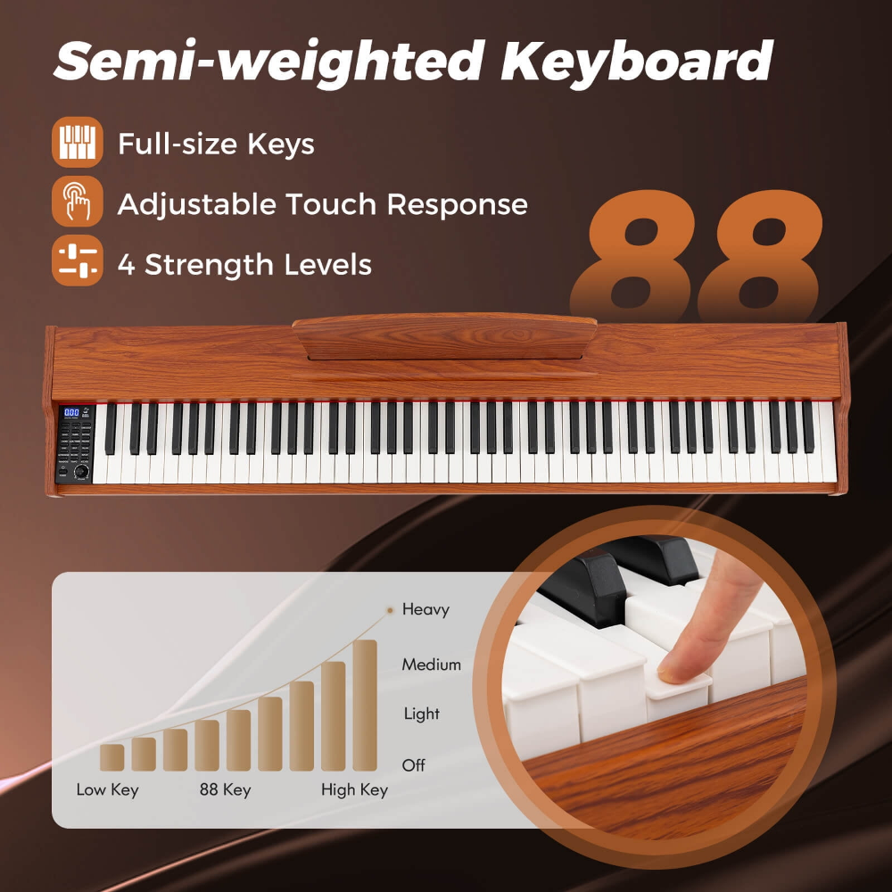 Juego de Piano con Teclado de 88 Teclas con Soporte ajustable con 7 posiciones y 2 Modos de Teclado y 2 Altavoces, Chips Avanzados y Múltiples Funciones, semi-ponderado y pedales, color marrón - Imagen 2