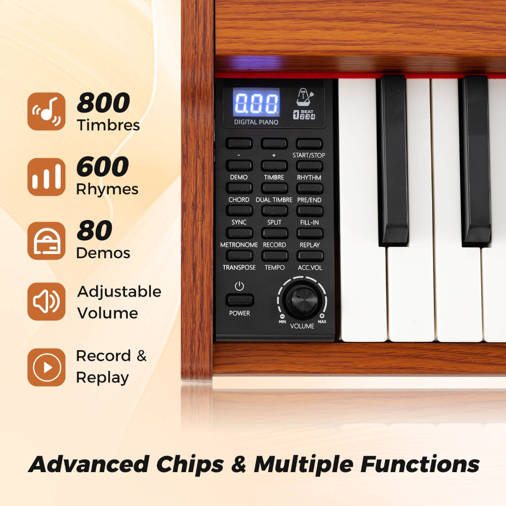 Juego de Piano con Teclado de 88 Teclas con Soporte ajustable con 7 posiciones y 2 Modos de Teclado y 2 Altavoces, Chips Avanzados y Múltiples Funciones, semi-ponderado y pedales, color marrón - Imagen 4