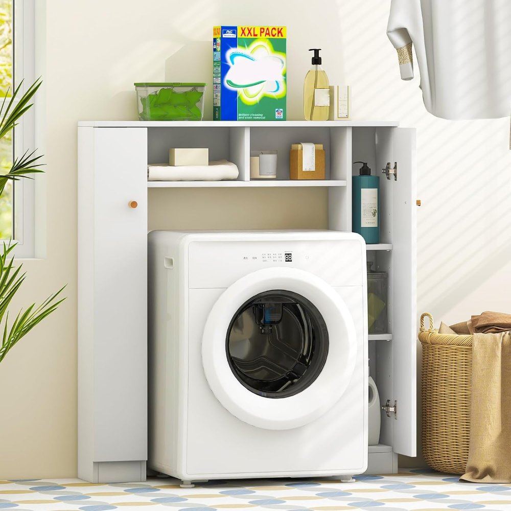 Armario de almacenamiento corto, sobre el inodoro, organizador con 2 compartimentos abiertos y 4 estantes ajustables, ahorro de espacio sobre el inodoro, almacenamiento para baño, lavandería, blanco. - Imagen 6