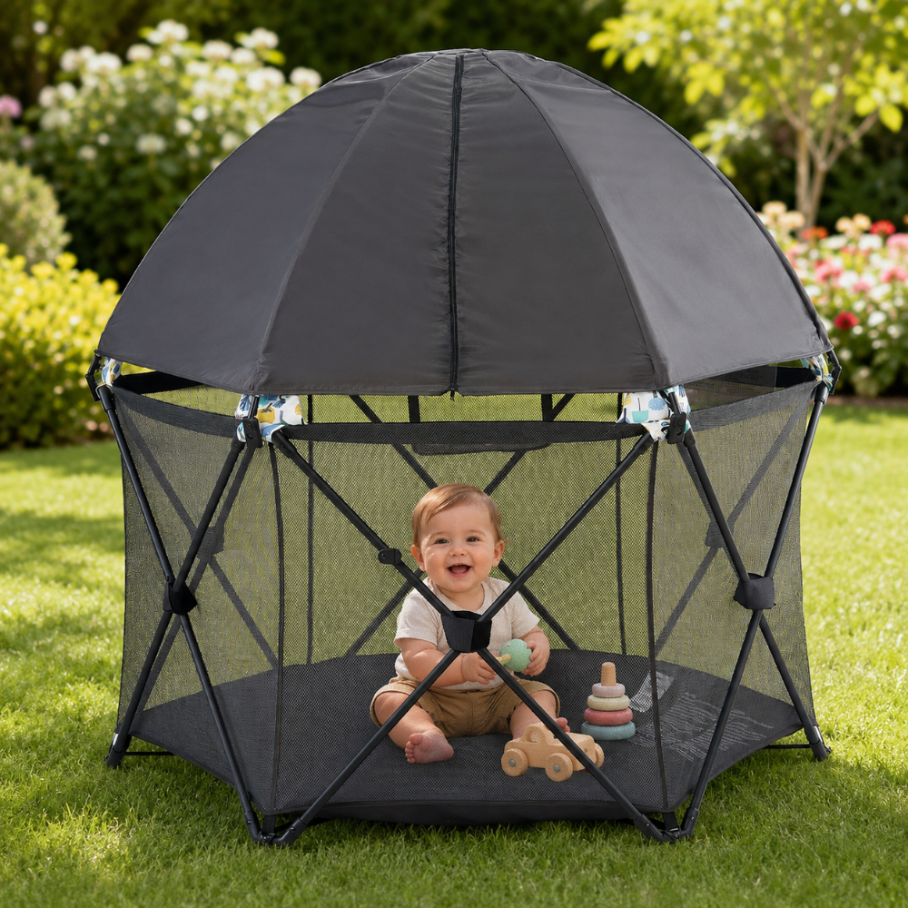 Pamo Babe Parque infantil portátil y plegable de 6 paneles para niños pequeños, parque infantil de viaje al aire libre para bebé con dosel (gris)
