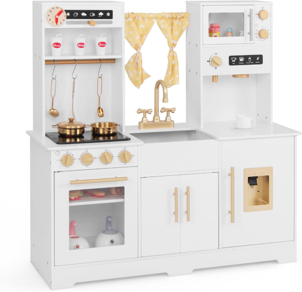 GOPLUS cocina de juguete infantil con cafetera, horno, fregadero, microondas, luces y sonidos. Medidas 90 x 30 x 90 cm.