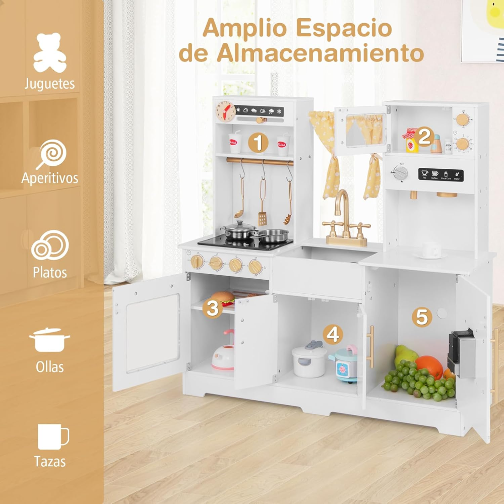 GOPLUS cocina de juguete infantil con cafetera, horno, fregadero, microondas, luces y sonidos. Medidas 90 x 30 x 90 cm. - Imagen 3