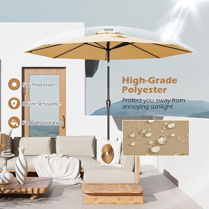 Sombrilla de patio al aire libre de 10 pies con luces solares, sombrilla de mercado de mesa con manivela y sistema de inclinación de botón, base no incluida.