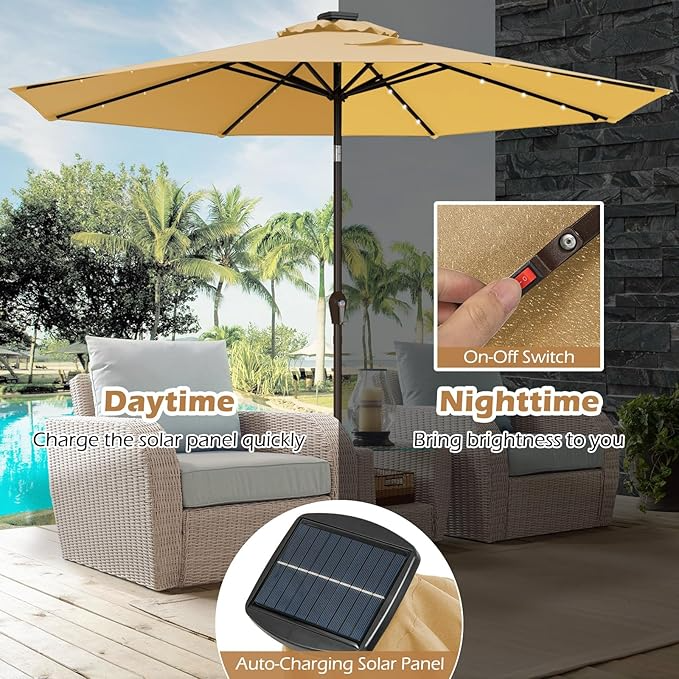Sombrilla de patio al aire libre de 10 pies con luces solares, sombrilla de mercado de mesa con manivela y sistema de inclinación de botón, base no incluida. - Imagen 4