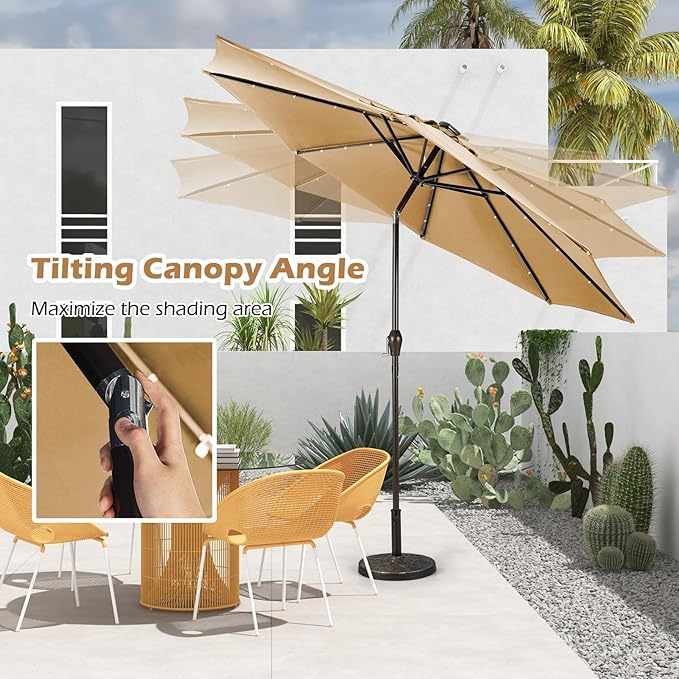 Sombrilla de patio al aire libre de 10 pies con luces solares, sombrilla de mercado de mesa con manivela y sistema de inclinación de botón, base no incluida. - Imagen 5