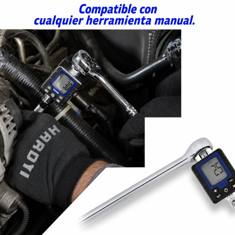 Adaptador digital de torque QUINN de 3/8? con pantalla LCD de alta precisión. Ideal para medir torque en herramientas mecánicas y trabajos automotrices profesionales o domésticos.