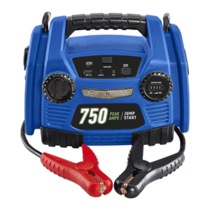 Arrancador portátil CEN-TECH 750?A, compacto y ligero, para autos de 4 cilindros. Incluye luz LED, salida USB y protección de polaridad, confiable y fácil de usar.
