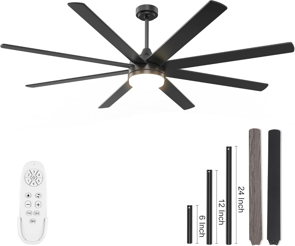 Ventilador de techo negro de 72 pulgadas con luz y control remoto. Silencioso, regulable, 3CCT, 6 velocidades reversibles, ventiladores de techo CC para interior o exterior cubierto