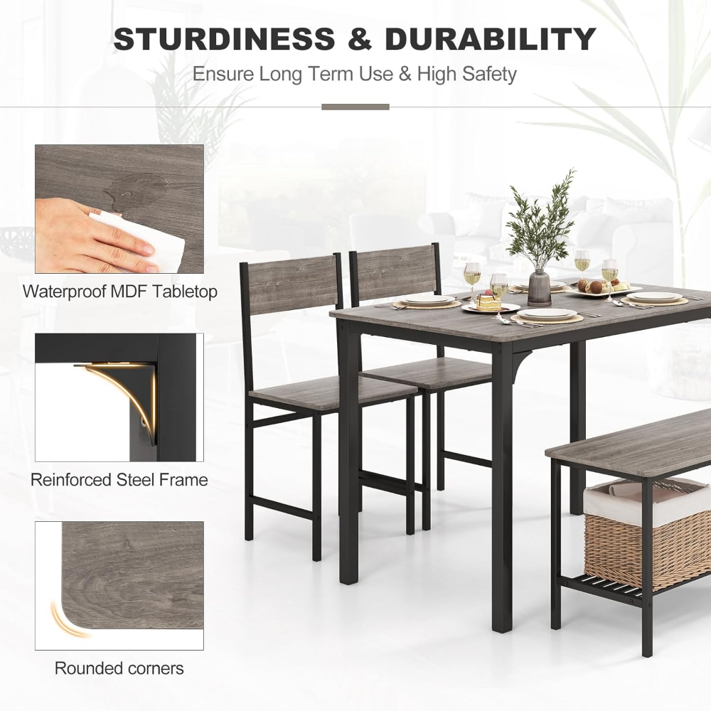 Juego de mesa de comedor para 4, mesa de cocina con banco y sillas, juego de mesa de comedor con banco para reuniones industriales con marco de metal y estante de almacenamiento - Imagen 2