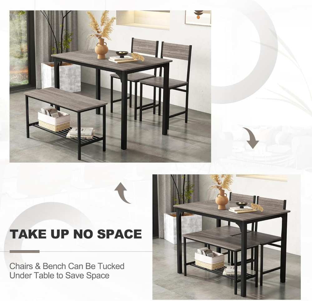 Juego de mesa de comedor para 4, mesa de cocina con banco y sillas, juego de mesa de comedor con banco para reuniones industriales con marco de metal y estante de almacenamiento - Imagen 5