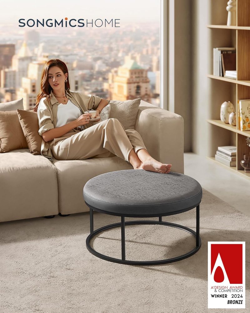 Otomana, mesa de centro redonda, reposapiés, parte superior reversible, asiento acolchado, mesa auxiliar, minimalista, marco de acero, carga máxima de 660 libras