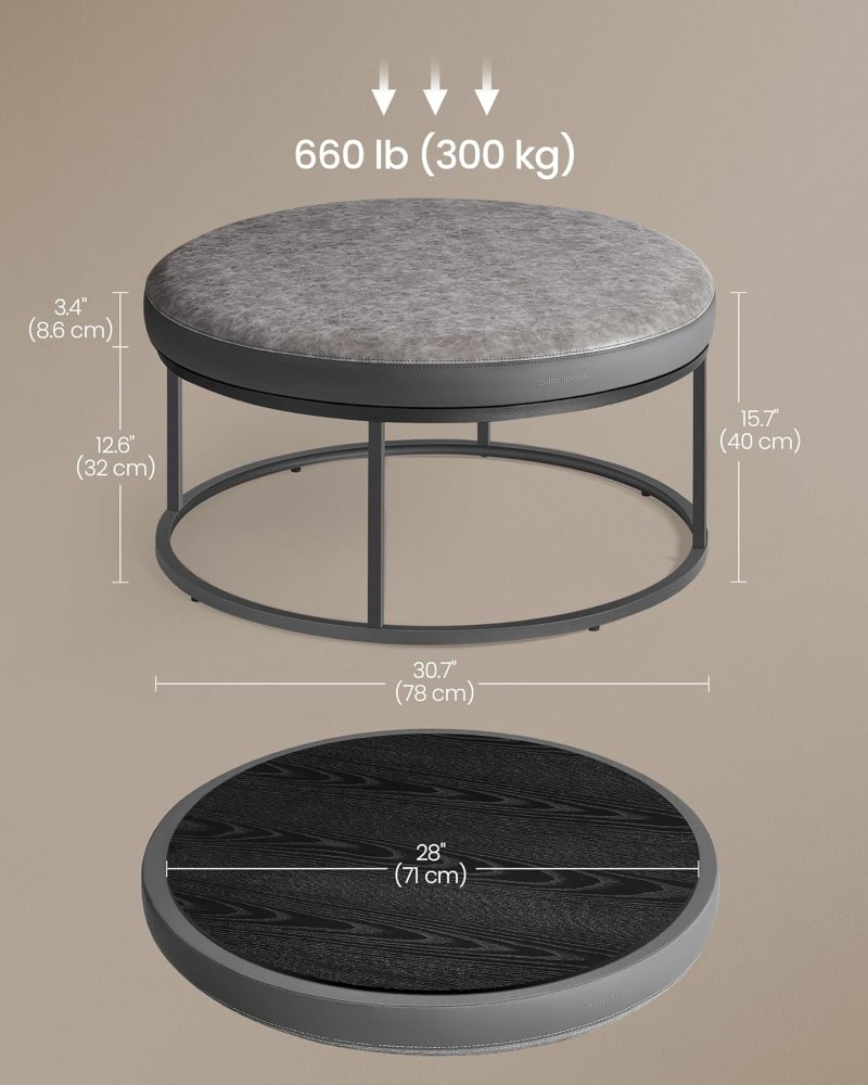 Otomana, mesa de centro redonda, reposapiés, parte superior reversible, asiento acolchado, mesa auxiliar, minimalista, marco de acero, carga máxima de 660 libras - Imagen 2