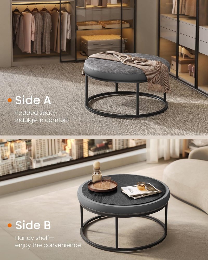 Otomana, mesa de centro redonda, reposapiés, parte superior reversible, asiento acolchado, mesa auxiliar, minimalista, marco de acero, carga máxima de 660 libras - Imagen 5