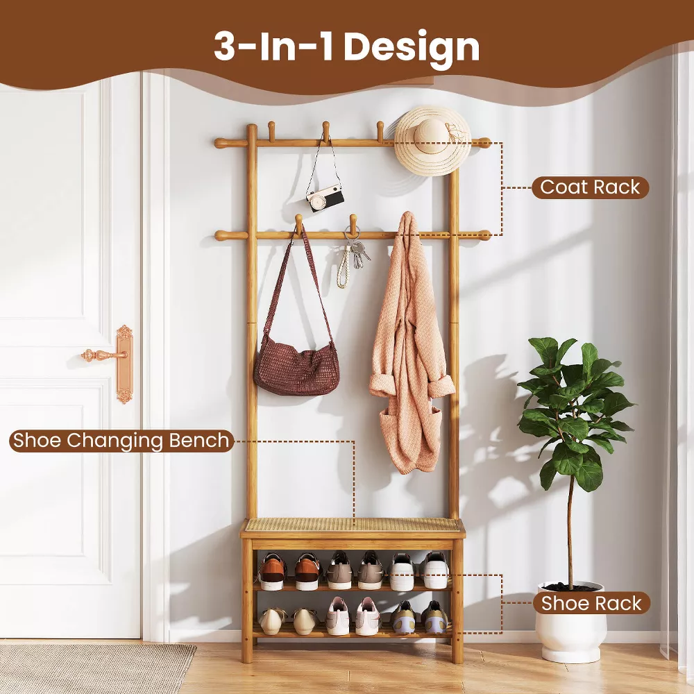 Perchero de bambú Costway con banco, espacio para guardar zapatos, 2 barras para colgar, 11 ganchos y estantes, color beige. - Imagen 2