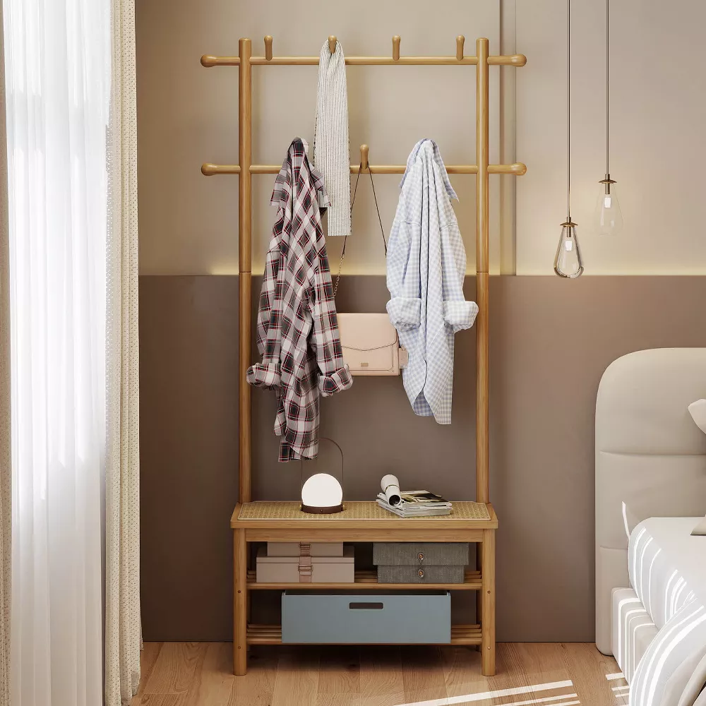 Perchero de bambú Costway con banco, espacio para guardar zapatos, 2 barras para colgar, 11 ganchos y estantes, color beige. - Imagen 3