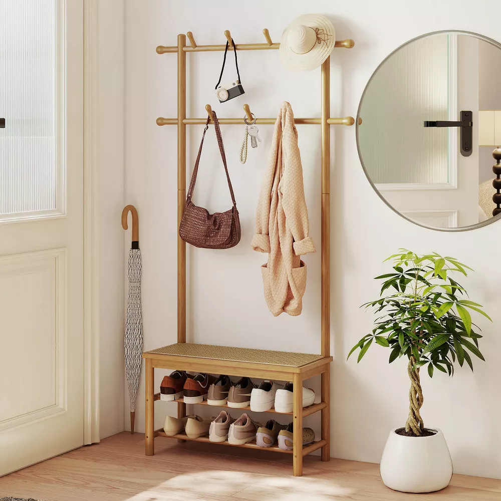 Perchero de bambú Costway con banco, espacio para guardar zapatos, 2 barras para colgar, 11 ganchos y estantes, color beige. - Imagen 4