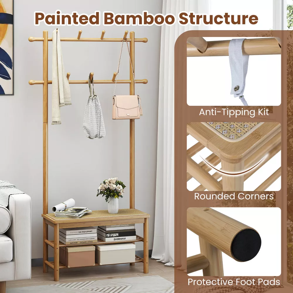 Perchero de bambú Costway con banco, espacio para guardar zapatos, 2 barras para colgar, 11 ganchos y estantes, color beige. - Imagen 5